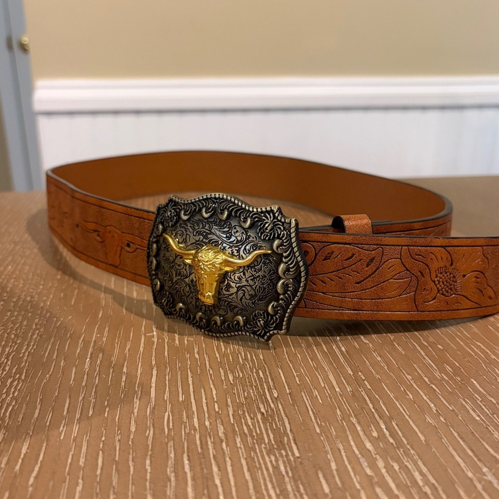 Western Tooled PU Leather Belt Longhorn Steer Bull Buckle Brown Floral 34-35